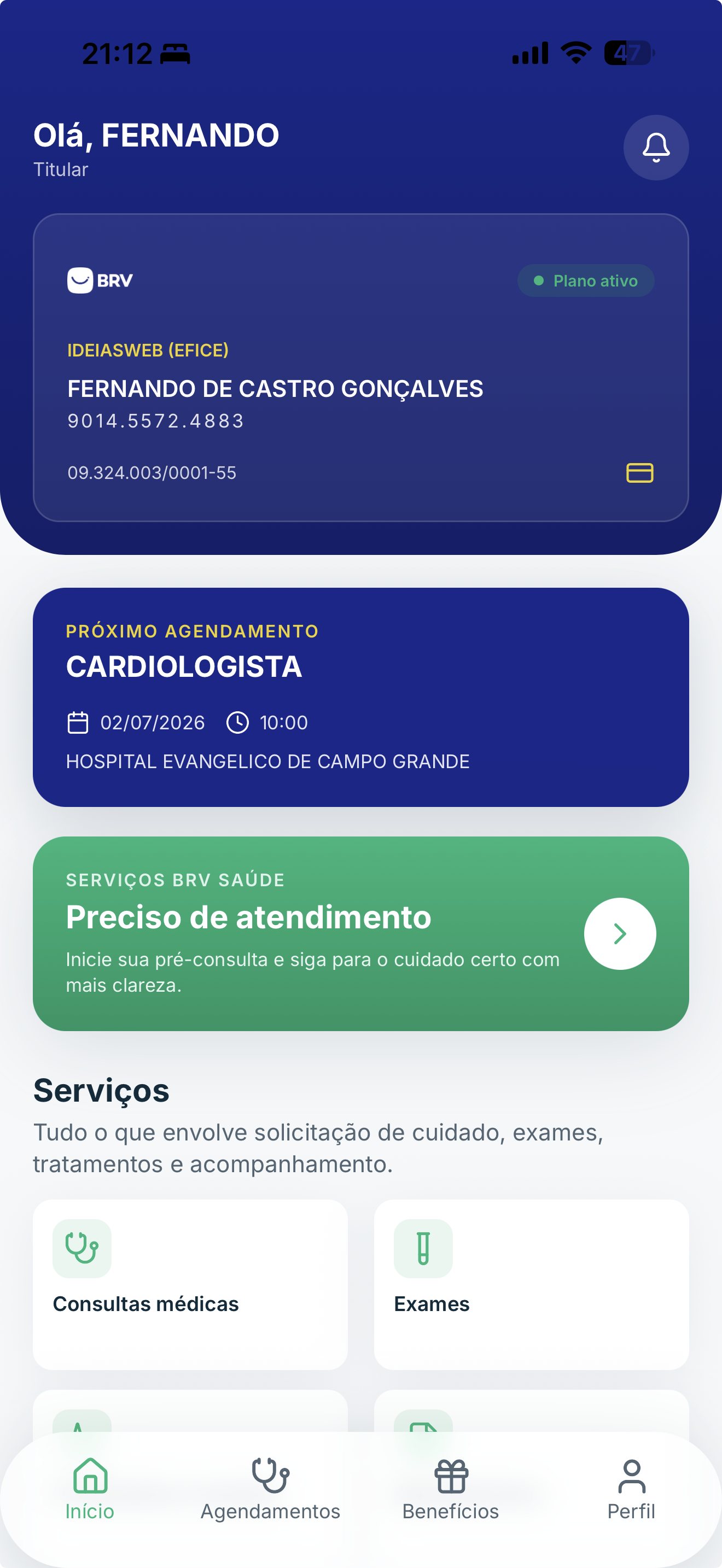 Tela inicial do aplicativo BRV Saúde, com agendamentos e serviços