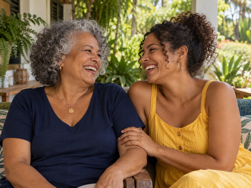Mulheres de duas gerações compartilhando um momento de alegria